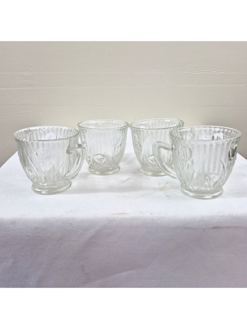 Jeanette Iris & Herringbone Clear Glass Tea Cups Set Of 4 Vintage 1930s